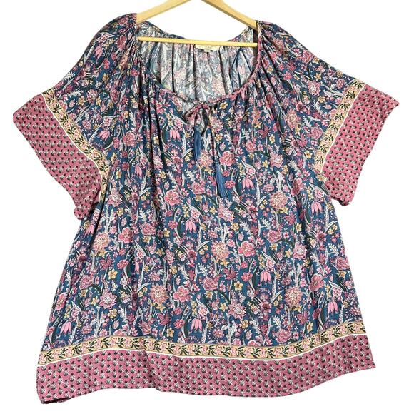 Cynthia Rowley Blouse Women's 1X Soft Floral Pink Blue Boho Tassels Peasant - Picture 1 of 10